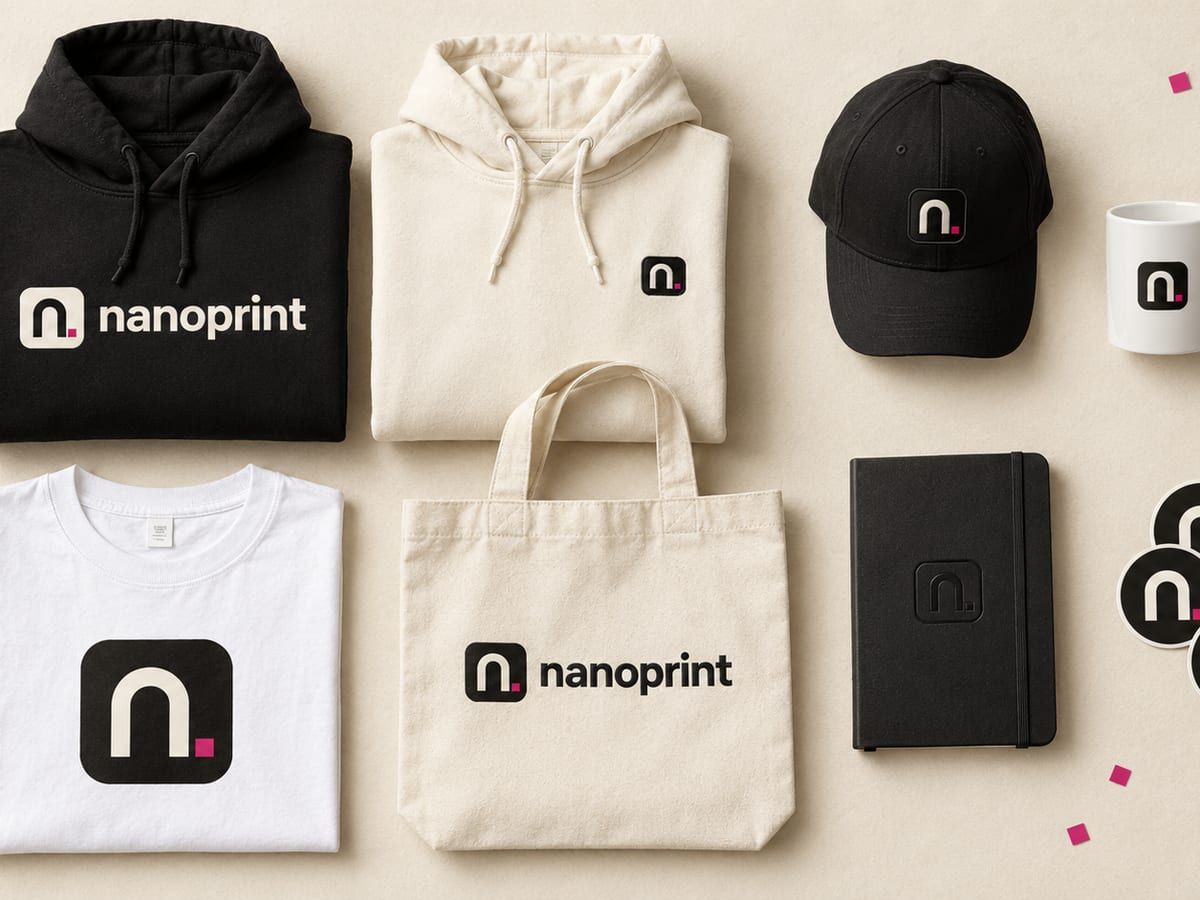 Set de articole promoționale nanoPrint — hanorac, tricou, șapcă, sacoșă, cană, agendă și stickere personalizate