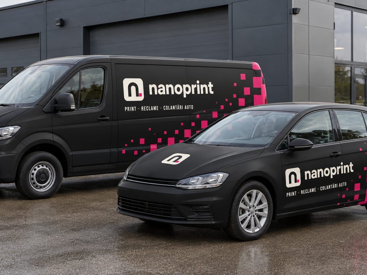 Flotă auto nanoPrint — dubă și mașină folierate integral cu identitatea vizuală a firmei