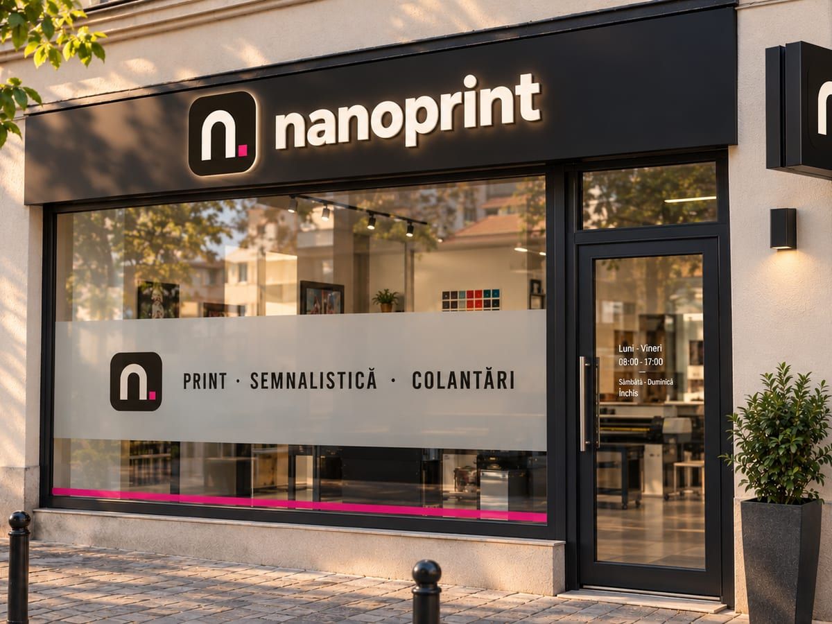 Fațada magazinului nanoPrint cu firmă luminoasă, casetă și folie pe vitrină